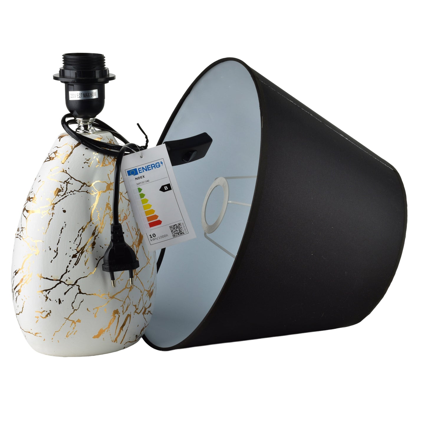 LETI MARBLE Tischlampe, Keramik in Weiß-Gold mit schwarzem Schirm, 47 cm – Detailansicht