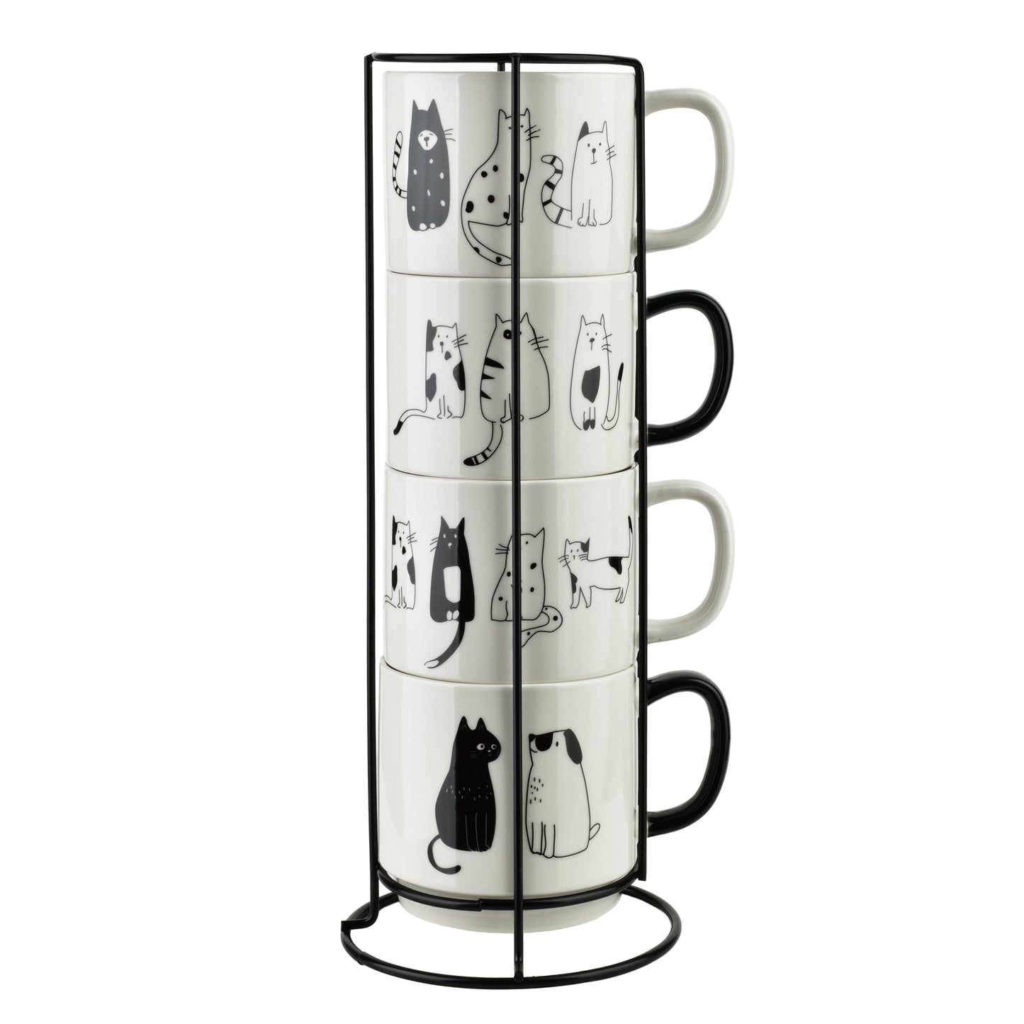COTTELLO Set mit 4 Bechern auf Ständer, Katzenmotiv, 4 x 370 ml aus Porzellan