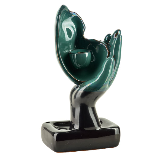 BACKFLOW Kaminfigur, Gesicht, Türkis-Grafit glänzend – Detailansicht