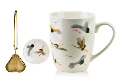 Arifa Tasse 370 ml mit Teesieb Untersetzer – Kraniche - Tinkie