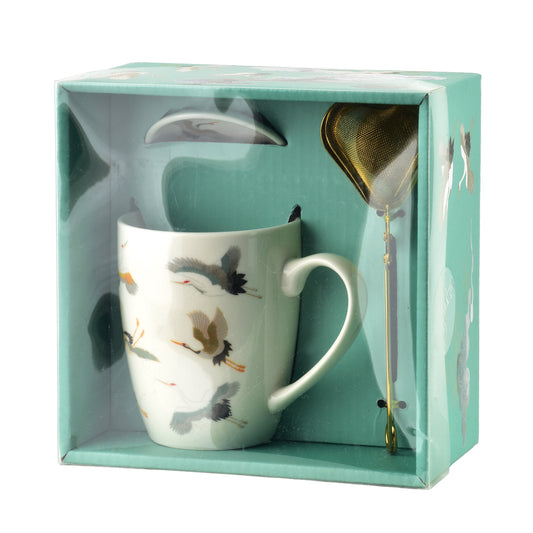 ARIFA Tasse 370 ml mit Teesieb und Untersetzer, Kraniche – Seitenansicht