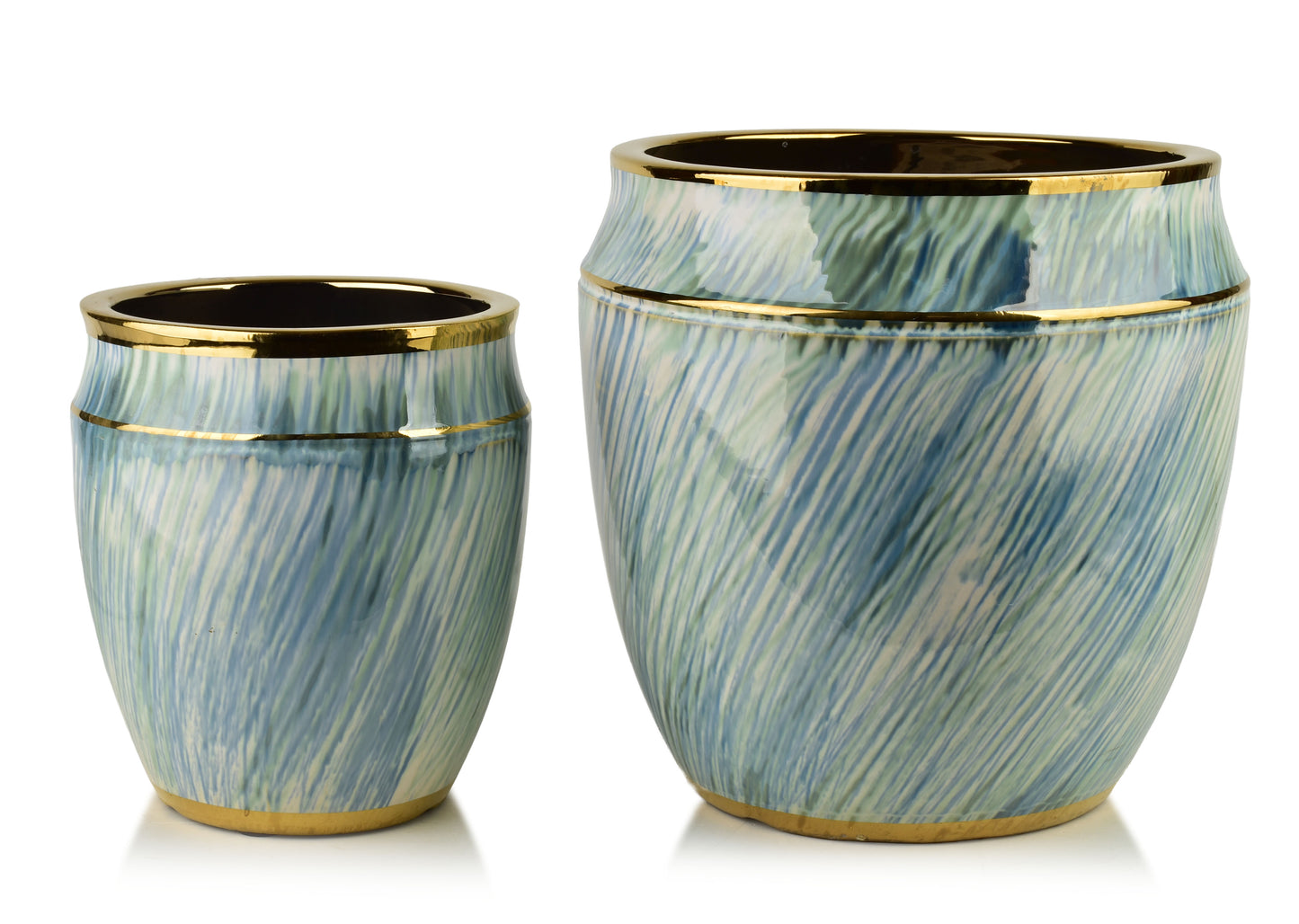 Neva Keramik-Übertopf Set (2-teilig) Blau-Weiß & Gold - Tinkie