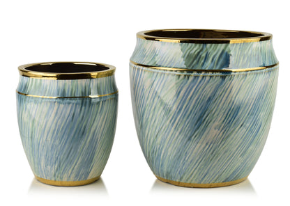 Neva Keramik-Übertopf Set (2-teilig) Blau-Weiß & Gold - Tinkie
