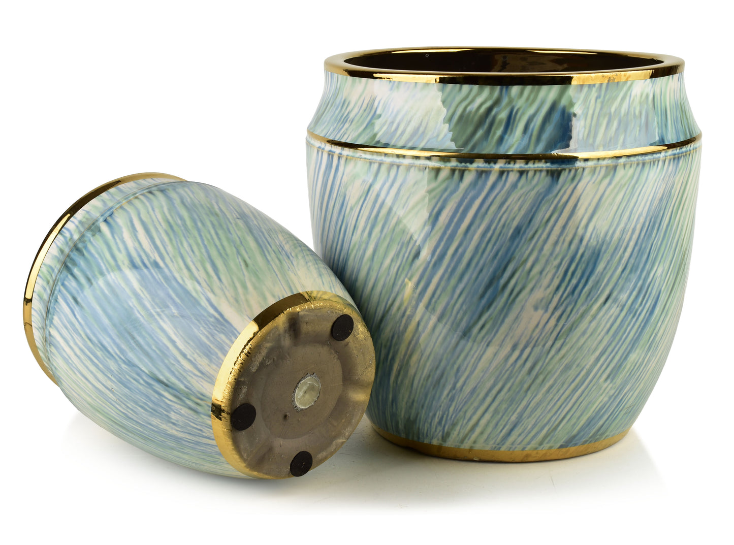 Neva Keramik-Übertopf Set (2-teilig) Blau-Weiß & Gold - Tinkie
