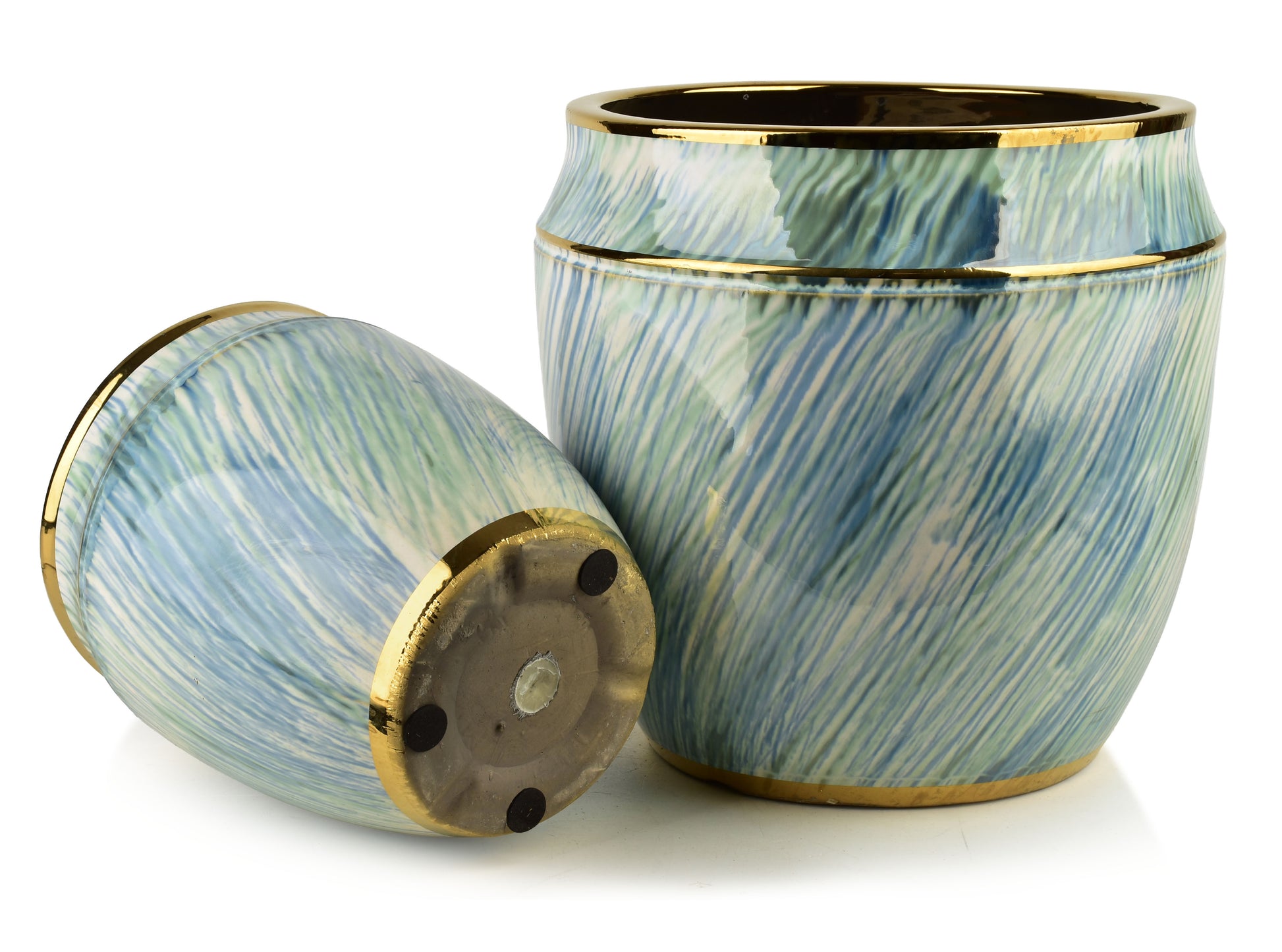 Neva Keramik-Übertopf Set (2-teilig) Blau-Weiß & Gold - Tinkie