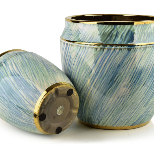 Neva Keramik-Übertopf Set (2-teilig) Blau-Weiß & Gold - Tinkie