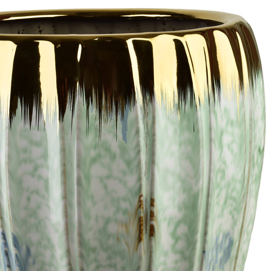 NEVA Keramik-Übertopf-Set 2-tlg. Pastell mit Gold, Streifenrelief, 41 & 30 cm – Seitenansicht