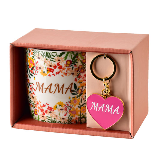 MAMA Tasse mit Schlüsselanhänger 350 ml, bunte Blüten – Seitenansicht
