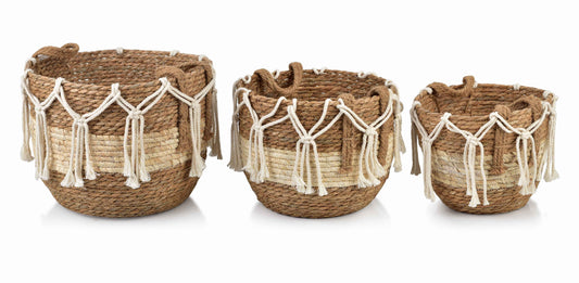 Bali 3er Korb Set aus Seegras mit weißen Kordeln Beige - tinkie.de