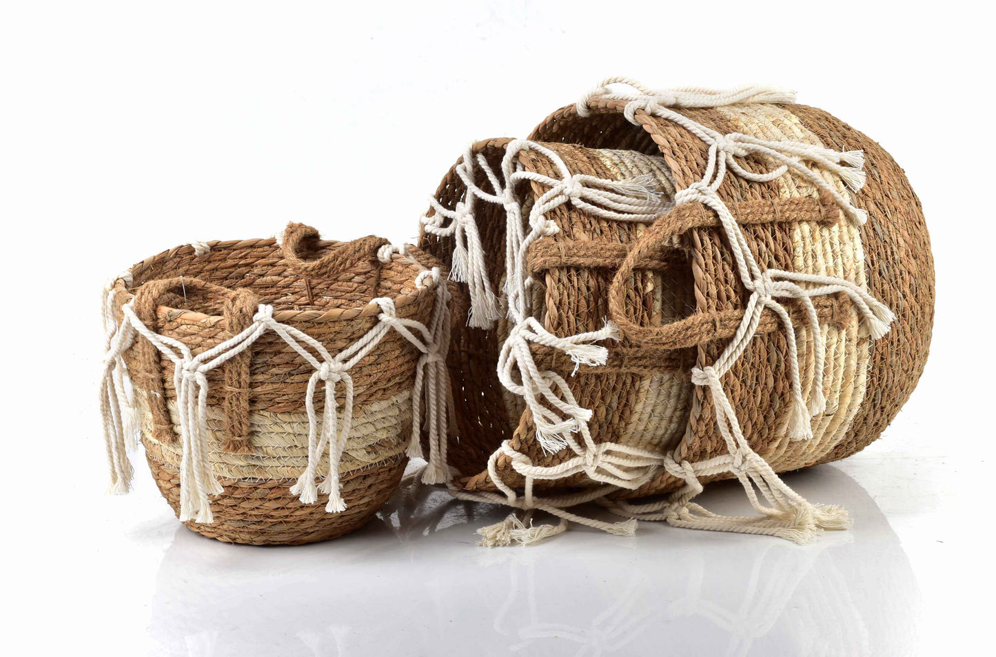Bali 3er Korb Set aus Seegras mit weißen Kordeln Beige - tinkie.de