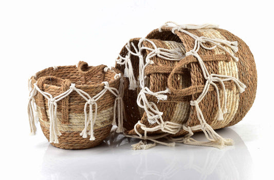 Bali 3er Korb Set aus Seegras mit weißen Kordeln Beige - tinkie.de