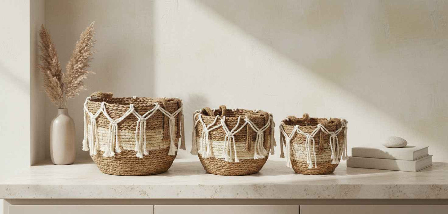 Bali 3er Korb Set aus Seegras mit weißen Kordeln Beige - tinkie.de