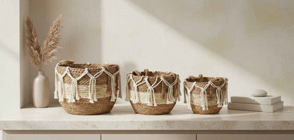 Bali 3er Korb Set aus Seegras mit weißen Kordeln Beige - tinkie.de