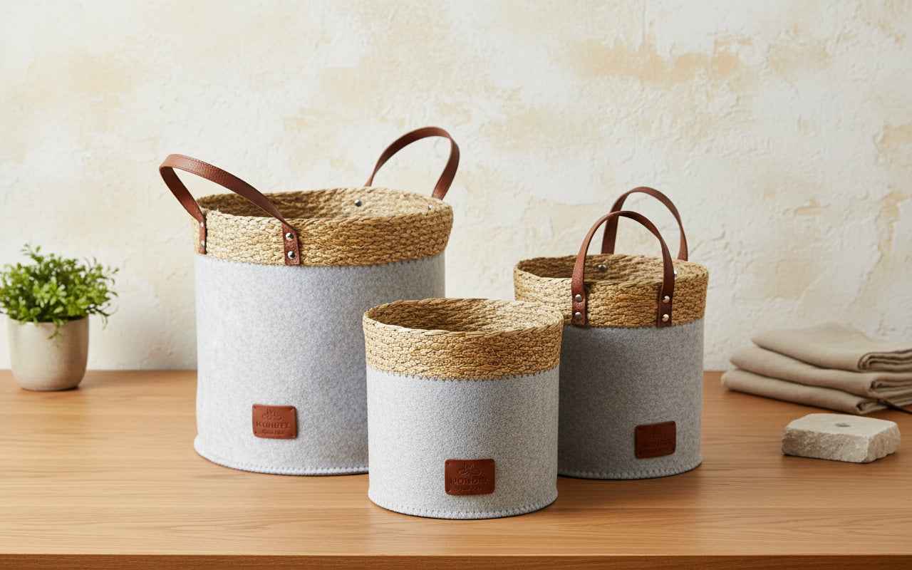 Amparo 3 teiliges Korb Set aus Filz Seegras Grau - tinkie.de