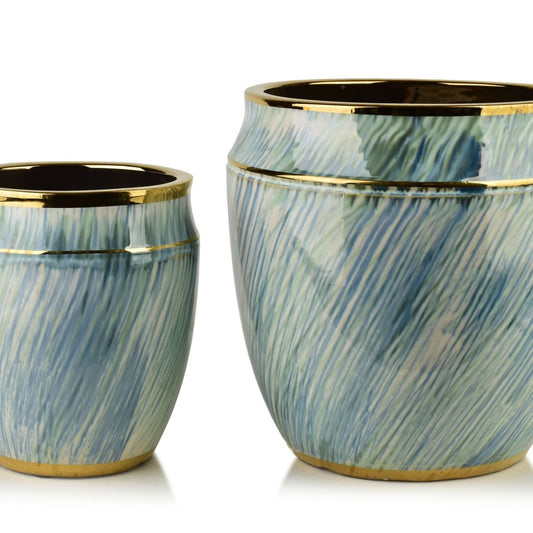 Neva Keramik-Übertopf Set (2-teilig) Blau-Weiß & Gold - tinkie.de